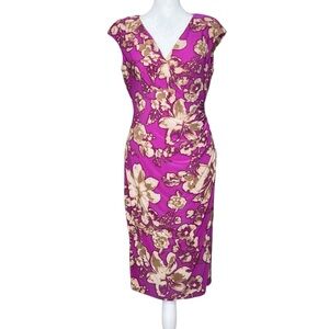 Ralph Lauren LRL Vintage Floral Midi Dress 6 Faux Wrap Plunge Ruched Stretch Y2K